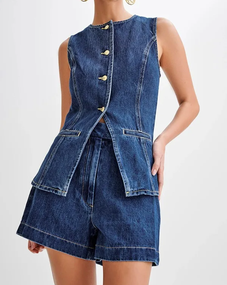 JASMINE - Elegante Tweedelige Denim Set Top Broekje StyleSpectrums